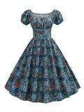 1950s Blue Floral Puff Sleeve Dress