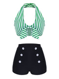 Green 1950s Retro Halter Stripes Bikini Set