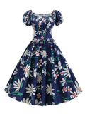 1950s Blue Floral Puff Sleeve Dress