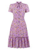 Purple 1950s Bowknot Floral Dress