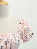 1950s Pink Floral Puff Sleeve Dress