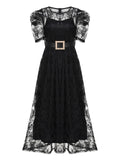 2PCS Black 1940s Solid Lace Belt Vintage Dress