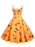 1950s Lapel Music Note Floral Dress