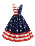 Navy 1950s Stars Patchwork Swing Dress
