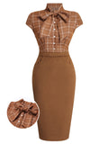 Brown 1960s Plaid Patchwork Pencil Dress