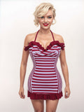 Wine Red 1950s Stripe Heart Collar Swimsuit