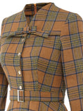 Coffee 1950s Plaid Belt Swing Dress
