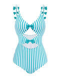 Blue 1960s Stripe Strap Bow One-Piece Swimsuit