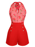 [US Warehouse] Watermelon Red 1950s Halter Patchwork Romper