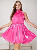 [Plus Size] Rose Red 1950s Halter Satin Bow Dress