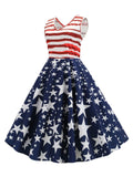 Navy 1950s Stripes Patchwork Swing Dress