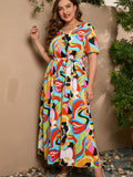 [Plus Size] 1930s Geometric Elastic Waist Floral Maxi Dress