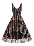 1950s Embroidered Floral V-Neck Swing Dress