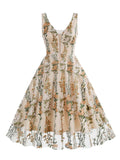 1950s Embroidered Floral V-Neck Swing Dress