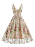 1950s Embroidered Floral V-Neck Swing Dress