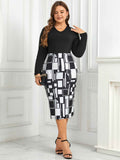 [Plus Size] Black 1960s Geometric Long Sleeve Wrap Dress