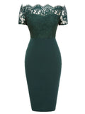 Dark Green 1960s Lace Off-shoulder Dress