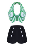 Green 1950s Retro Halter Stripes Bikini Set