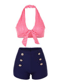 Pink Retro Plaid Halter Bikini Set