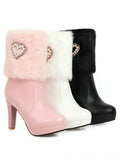 Retro Furry Heart Chunky High Heel Boots
