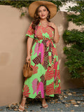 [Plus Size] Bright Green 1930s Leaf V-Neck Dress With Belt