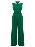 Green Lapel Collar Sleeveless Jumpsuit