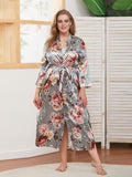 [Plus Size] Gray 1930s V-Neck Floral Sleepwear