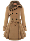 Christmas Fur Collar Waisted Woolen Coat