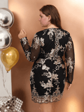 [Plus Size] 1960s V-Neck Sequined Floral Long Sleeve Dress