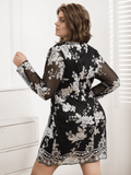 [Plus Size] 1960s V-Neck Sequined Floral Long Sleeve Dress
