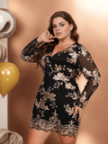 [Plus Size] 1960s V-Neck Sequined Floral Long Sleeve Dress