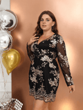 [Plus Size] 1960s V-Neck Sequined Floral Long Sleeve Dress