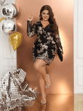 [Plus Size] 1960s V-Neck Sequined Floral Long Sleeve Dress