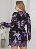[Plus Size] 1960s V-Neck Sequined Floral Long Sleeve Dress