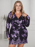 [Plus Size] 1960s V-Neck Sequined Floral Long Sleeve Dress