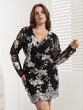 [Plus Size] 1960s V-Neck Sequined Floral Long Sleeve Dress