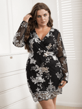 [Plus Size] 1960s V-Neck Sequined Floral Long Sleeve Dress
