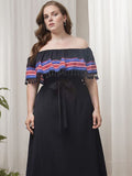 [Plus Size] Black 1930s One-Line Collar Tassel Colorful Dress