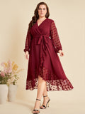[Plus Size] Wine Red 1940s V-Neck Mesh Belted Dress