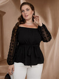 [Plus Size] Black 1960s Off-Shoulder Dots Sheer Sleeve Top