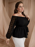 [Plus Size] Black 1960s Off-Shoulder Dots Sheer Sleeve Top