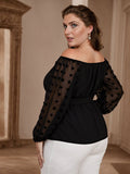 [Plus Size] Black 1960s Off-Shoulder Dots Sheer Sleeve Top