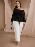 [Plus Size] Black 1960s Off-Shoulder Dots Sheer Sleeve Top