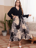 [Plus Size] 1930s Leopard Print V-Neck Color Block Dress