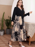 [Plus Size] 1930s Leopard Print V-Neck Color Block Dress