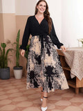 [Plus Size] 1930s Leopard Print V-Neck Color Block Dress