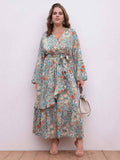 [Plus Size] 1930s Floral Ruffles Long Sleeve Dress