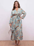 [Plus Size] 1930s Floral Ruffles Long Sleeve Dress