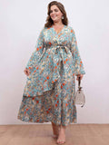 [Plus Size] 1930s Floral Ruffles Long Sleeve Dress