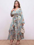 [Plus Size] 1930s Floral Ruffles Long Sleeve Dress